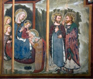 Tilbedelse av Magi Fresco fra School of Siena. 1300-tallet. Jomfruens kapell. Klosteret Saint Benedetto (Sacro Speco), Subiaco (Roma), Italia