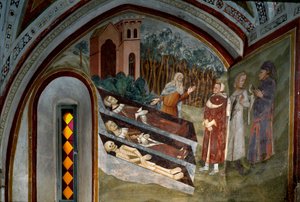 Møte mellom de døde med levende Detalj av en freskomaleri av skolen i Siena. 1300-tallet. Klosteret Saint Benoit (Sacro Speco), trapp, Subiaco (Roma), Italia