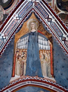 Representasjon av Jomfru Maria Kirkens mor Freskomaleri av Jomfrukapellet laget av Siena-skolen på 1300-tallet - klosteret St. Benedetto (Sacro Speco), Subiaco (Roma), Italia