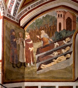The Meeting of the Three Vives and the Three Dead (eller Dict) De tre levende og en eremitt foran de tre kistene som presenterer lik på forskjellige stadier av nedbrytning. Detalj av en freske av skolen i Siena (1300-tallet) 1363-1366 klosteret