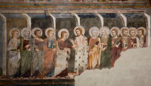 Vantroen til apostelen Thomas Fresco fra skolen i Siena. 1300-tallet. Superior kirke. Klosteret Saint Benedetto (Sacro Speco), Subiaco (Roma), Italia av Sienese School