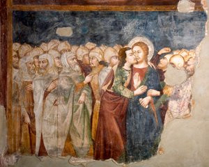 Kysset til Judas Fresco fra skolen i Siena. 1300-tallet. Superior kirke. Klosteret Saint Benedetto (Sacro Speco), Subiaco (Roma), Italia