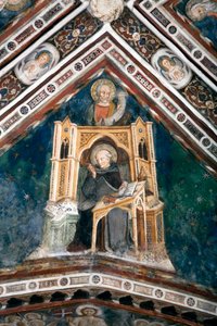 Utsikt over detaljene til en freskomaleri som dekorerer et av hvelvene i den øvre kirke som representerer de fire legene i den romerske kirke: Saint Hieronymus og evangelisten Saint Luke. laget av skolen i Siena fra begynnelsen av 1300-tallet. Kloster av av Sienese School