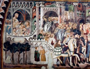 Utsikt over detaljene i en freskomaleri som dekorerer den øvre kirken som viser Montee på Golgata: til venstre Jesus foran Pontius Pilatus. Realisert av skolen i Siena fra begynnelsen av 1300-tallet. Klosteret Saint Benedetto (Sacro Speco), Su av Sienese School