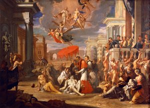St. Charles Borromero administrerer nattverd til plageofre i 1576, av Sigismund Caula (1637-1713), olje på lerret, 97x147 cm
