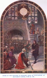 Tilbud om kongedømmet til Richard Duke of Gloucester ved Baynards Castle, 26. juni 1483, fra Cassells History of the British People utgitt av Waverley Book Company Limited, ca. 1940