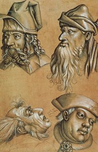 Studier av Four Heads for a Passion Series (penn og blekk, vask og kroppsfarge på papir) av Sigmund Holbein