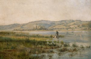 Padlende mann på innsjø (maleri) av Sigrid Bolling