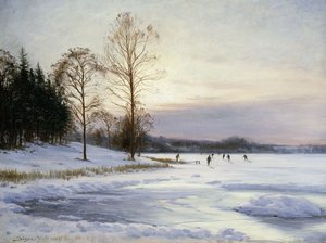 Skatere på en frossen dam av Sigvard Hansen