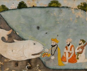 Guru Nanak med Bala, Mardana og den store fisken (Vishnu i Matsyavatara) av Sikh School