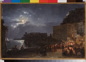 Santa Lucia-bryggen i Napoli (Italia), på en fullmånenatt. Maleri av Sylvester Feodosiyevich Shchedrin (Sylvester Shchedrin) (1791-1830), olje på lerret