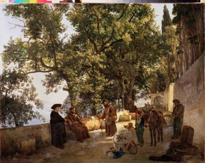 En terrasse ved kysten, nær Sorrento (Sorrento, Italia) (Capuchin-munker i samtale og en mann laster eselet sitt med små tønner) - En terrasse på en strand, Cappuccini nær Sorrento - Maleri av Sylvester Feodosiyevich Shchedrin (Sylv av Silvestr Fedosievich Shchedrin