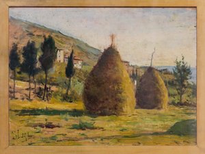 Haystacks in the Sun, ca. 1890 (olje om bord) av Silvestro Lega