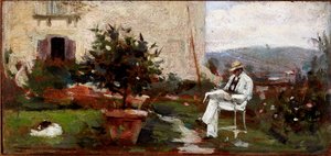Luigi Tommasi i hagen sin (maleri på en treboks av Silvestro Lega
