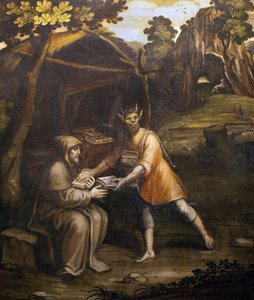 Djevelen tar de hellige bøkene og erstatter dem med sekulære bøker; Maleri av Simao Rodrigues (1560-1629); (Djevelen tar de hellige bøkene og erstatter dem med sekulære bøker; maleri av Simao Rodrigues av Simao Rodrigues