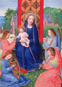 F.eks 2125 f.157v Madonna og barn med engler som spiller instrumenter, fra Hours of Joanna of Ghistelles, c.1516 (vellum) av Simon (attr. to) Bening