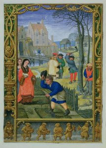 Legg til 24098 f.20v mars: Hagearbeid og felling av trær, fra en timebok, eller golfboken, ca. 1520-30 (vellum)