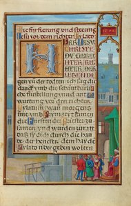 Rand mit einem gefangenen Propheten vor einem Fürsten oder König av Simon Bening