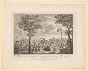 Farvel til Willem V og hans kone på Buiten Amstel, 1768 Farvel til deres fredelige og kongelige høyheter van den Ed: Achtb: sorenskriver i byen Amsteldam, og den Buiten Amstels avgang, 4. juni 1768 (tittel på objekt) Bilde av Simon Fokke