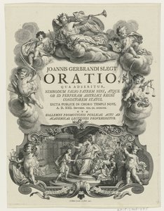 Minerva lauwert en jongeman met bul Tittelside for: J.G. Slegt, Oration der det hevdes at Nimrod feilaktig er faren til Nina (...), 1747 av Simon Fokke