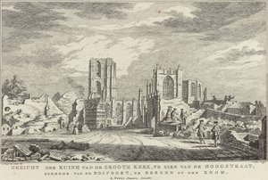 Ruin av Bergens store kirke op Zoom, 1748 Utsikt over ruinene av Groote Kerk, sett fra Hoogstraat, kommer fra Bospoort, i Bergen op den Zoom (tittel på objekt) Ti ansikter av ruinene etter beleiringen og ødeleggelsen av Bergen op Z