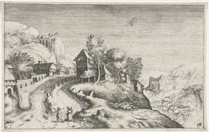 Landsby i et fjellandskap Ulike landskap (serietittel) Topographia variarum regionum (serietittel) av Simon Frisius (attributed to)