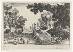Skoglandskap med kryss langs sti Sør-europeiske landskap (serietittel) Topographia variarum regionum (serietittel) av Simon Frisius