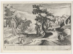 Skogkledd kupert landskap med bygninger og figurer Sør-europeiske landskap (serietittel) Topographia variarum regionum (serietittel) av Simon Frisius