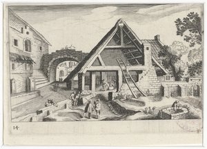 Utsikt over landsbyen med den hellige familie Sør-europeiske landskap (serietittel) Topographia variarum regionum (serietittel) av Simon Frisius