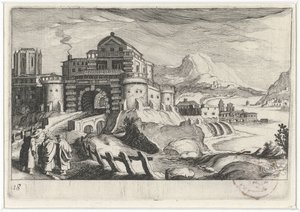 Emmäus-folk foran en byport i et fjellandskap Sør-europeiske landskap (serietittel) Topographia variarum regionum (serietittel) av Simon Frisius