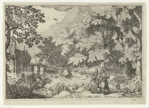Utsikt over en skog med Loenersloot Castle Landskap med figurer (serietittel) av Simon Frisius