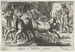 Hercules hoedt de kudde van Geryon (tittel på objekt) Herculische temaer (serietittel) av Simon Frisius