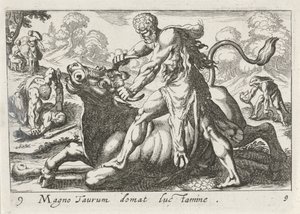 Hercules i kamp med Achelous den store temmer oksen med lys (tittel på objekt) Herculisches tema (serietittel) av Simon Frisius