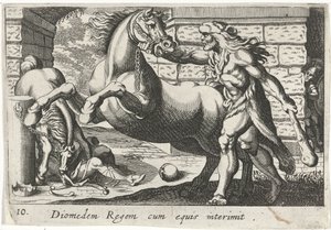 Hercules temt de paarden van Diomedes Kong Diomedes med hester (tittel på objekt) Herculische temaer (serietittel) av Simon Frisius