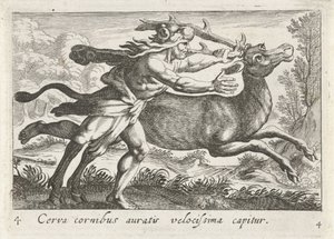 Hercules vangt de Hind van Cerynea En hjort med gullhorn fanges veldig raskt (tittel på objekt) Herculische temaer (serietittel)