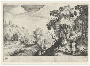 Kupert landskap med den barmhjertige samaritan Sør-europeiske landskap (serietittel) Topographia variarum regionum (serietittel) av Simon Frisius