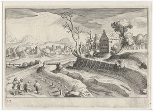 Kupert landskap med kapell Sør-europeiske landskap (serietittel) Topographia variarum regionum (serietittel) av Simon Frisius
