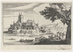 Kupert landskap med et slott på en øy Søreuropeiske landskap (serietittel) Topographia variarum regionum (serietittel) av Simon Frisius