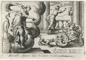 Jonge Hercules wurgt twee slangen Hercules dreper to slanger i vuggene deres (tittel på objekt) Herculische temaer (serietittel) av Simon Frisius