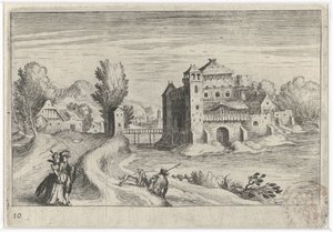Elvelandskap med et slott Sør-europeiske landskap (serietittel) Topographia variarum regionum (serietittel) av Simon Frisius