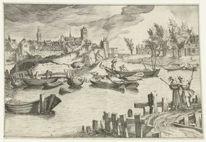 Elvelandskap med en by i bakgrunnen Landskap med figurer (serietittel) av Simon Frisius