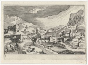 Bybilde i en elvedal Sør-europeiske landskap (serietittel) Topographia variarum regionum (serietittel) av Simon Frisius