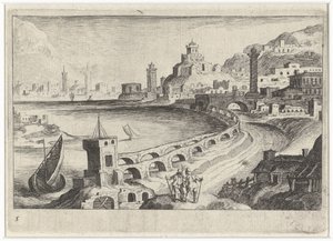 Bybilde med en akvedukt Sør-europeiske landskap (serietittel) Topographia variarum regionum (serietittel) av Simon Frisius