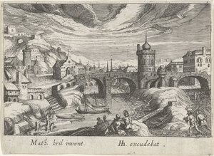 Bybilde med en elv Ulike landskap (serietittel) Topographia variarum regionum (serietittel) av Simon Frisius