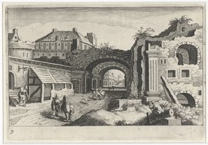 Bybilde med en ruin Sør-europeiske landskap (serietittel) Topographia variarum regionum (serietittel) av Simon Frisius