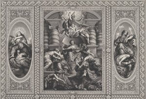 James I utnevner Charles til konge av Skottland i sentrum, Minerva var med på uvitenhet ved ri..., 1720.