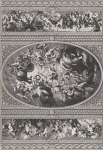 Apoteosen til James I i en oval i midten, friser med putti og girlander på enten ..., 1720.
