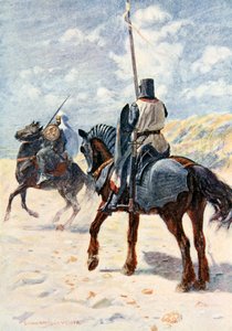 En saracen nærmer seg en Crusader Knight, illustrasjon for 