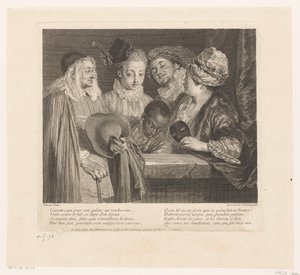 Gezelschap av fem skuespillere ved en brystning The Coquettes Verk av Antoine Watteau (serietittel) Verket til Antoine Watteau, maler for kongen i hans Royal Academy of Painting and Sculpture (...) (serietittel) av Simon Henri Thomassin
