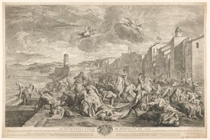 Byllepestofre blir drept i La Tourette, Marseille La Peste dans la ville de Marseille en 1720 (tittel på objekt) av Simon Henri Thomassin